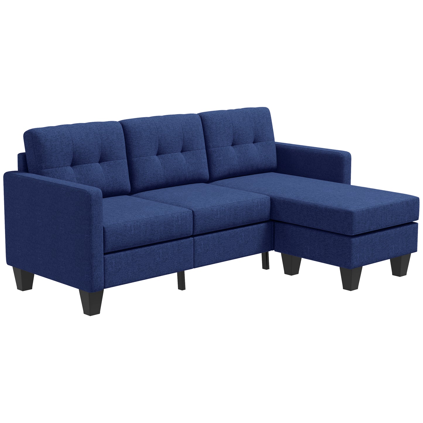 HOMCOM L-Shaped Corner Sofa, 3 Seater Sectional Sofa with Ottoman, Thick Cushion and Wooden Legs, Dark Blue