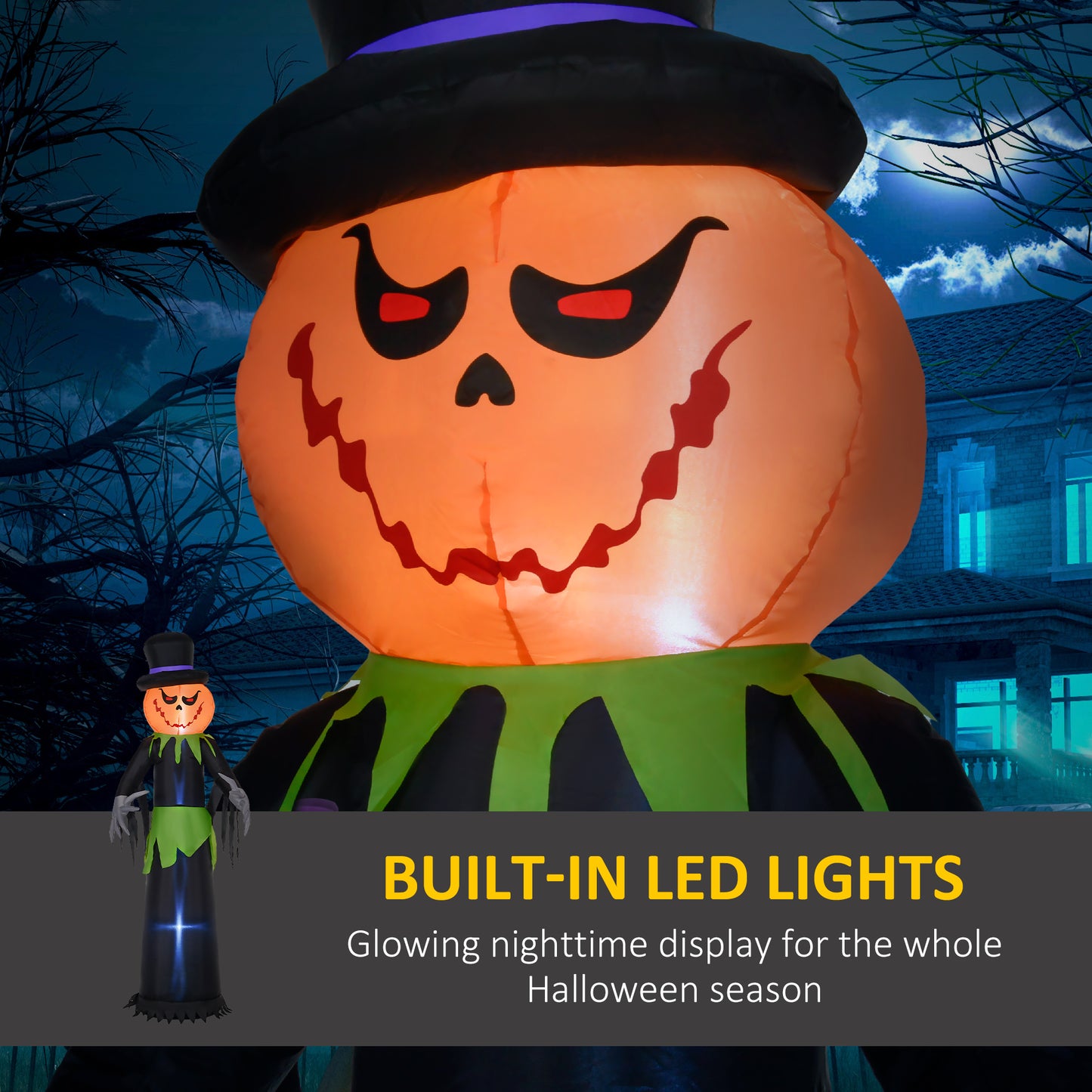 Gonflable tête de citrouille fantôme de 2.4m avec chapeau, décoration gonflable d'extérieur avec lumières LED