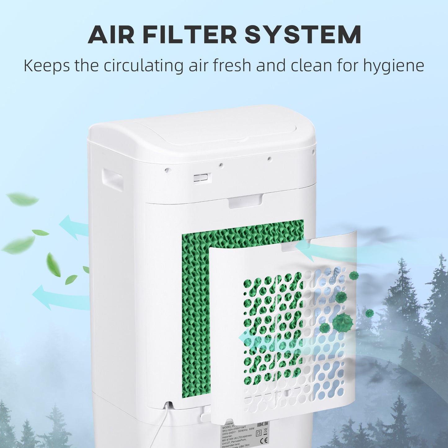 Ventilateur tour avec pack de glace, télécommande, 3 modes, 3 vitesses, minuterie 7,5 h, blanc