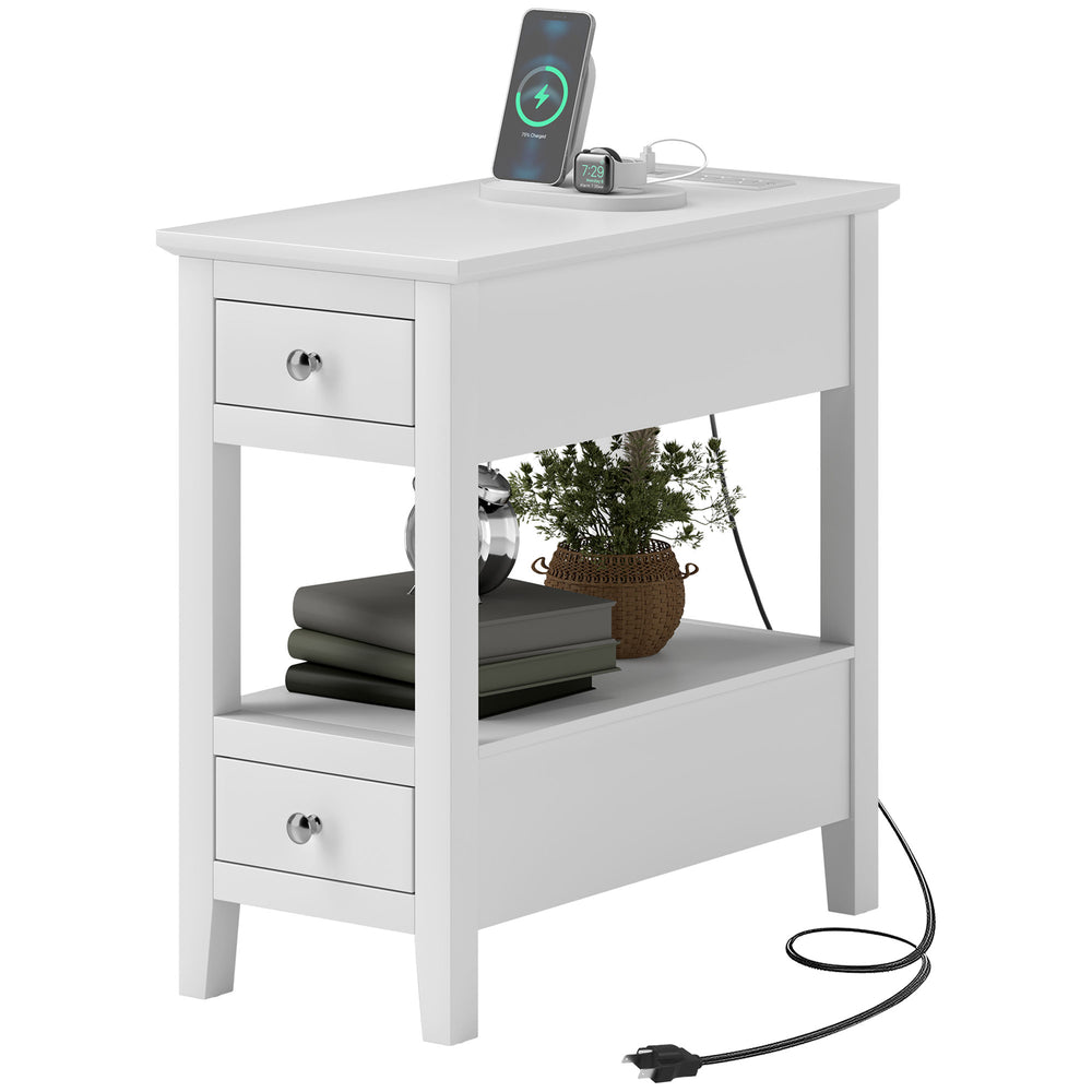 Table d'appoint étroite avec station de charge et ports USB, blanche