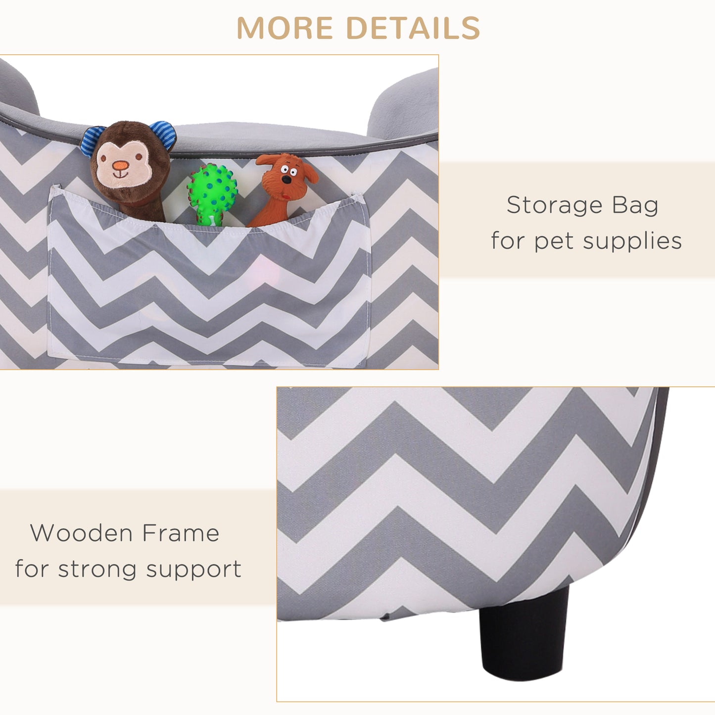 Canapé surélevé pour chien avec rangement, housse de coussin amovible, gris