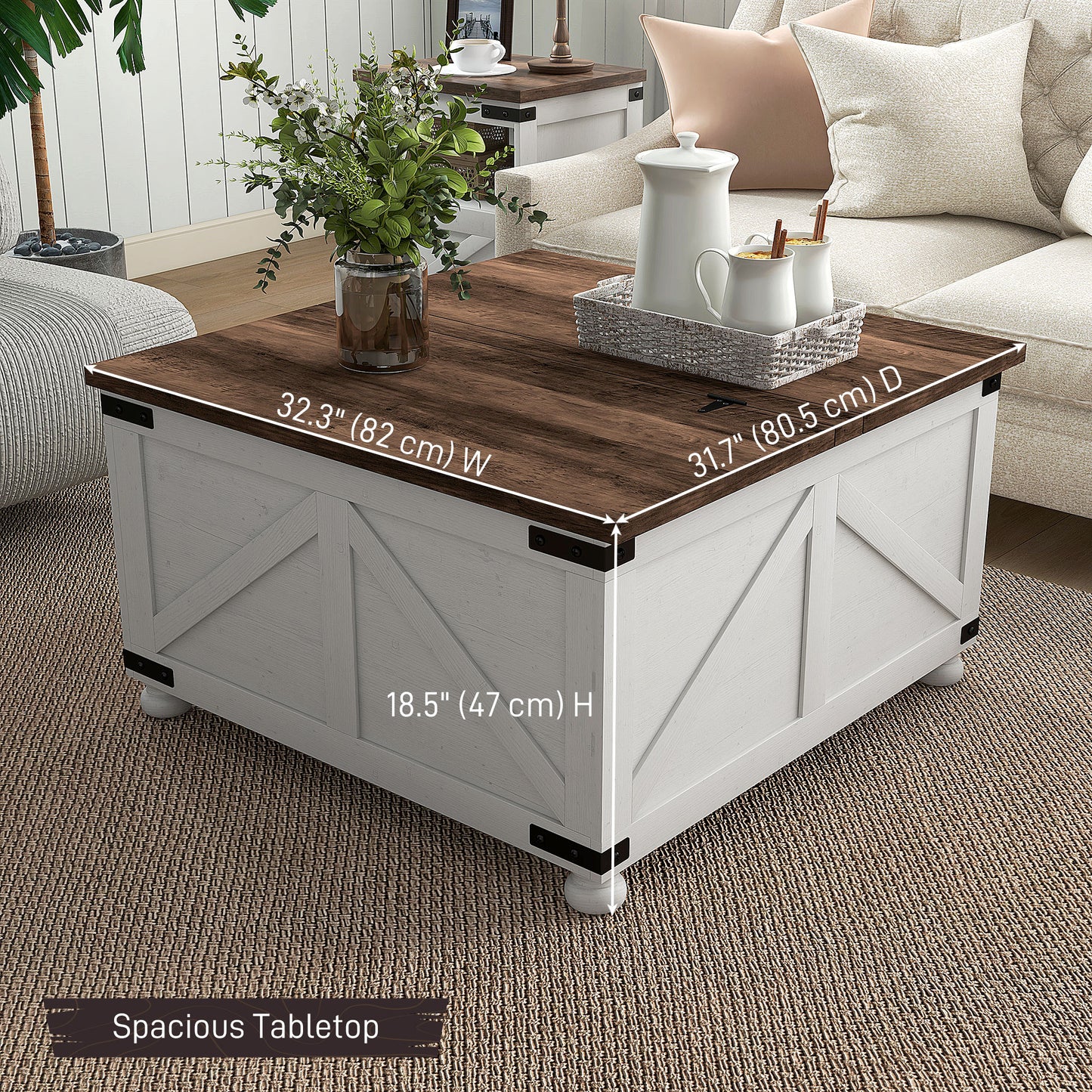 Table centrale de style campagnard de 81 cm avec compartiment caché pour le salon, blanc antique