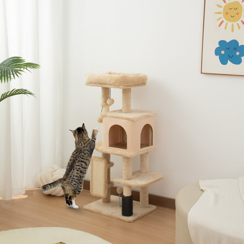 Arbre à chat de 104 cm avec griffoirs, panier, niche et plateformes de saut, beige