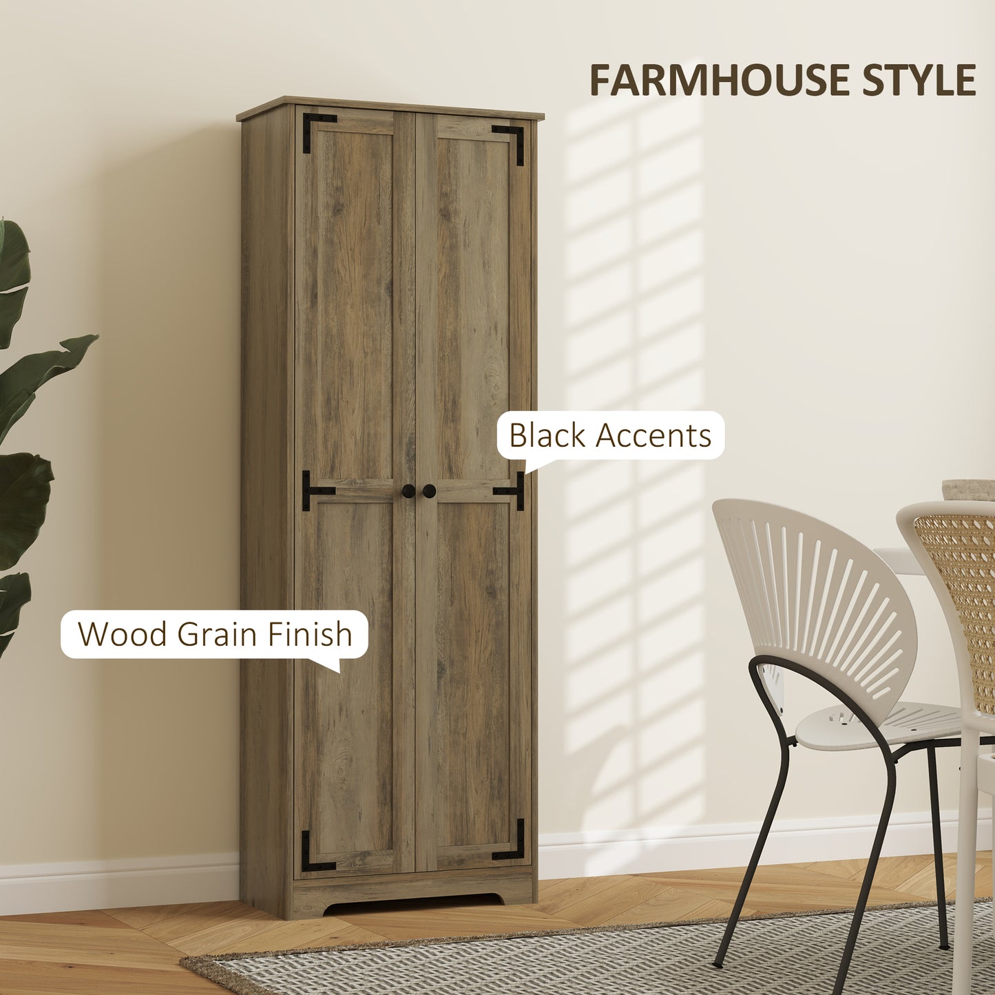 Armoire de rangement de style campagnard, 67 po, avec 2 portes et étagères réglables, gris vieilli