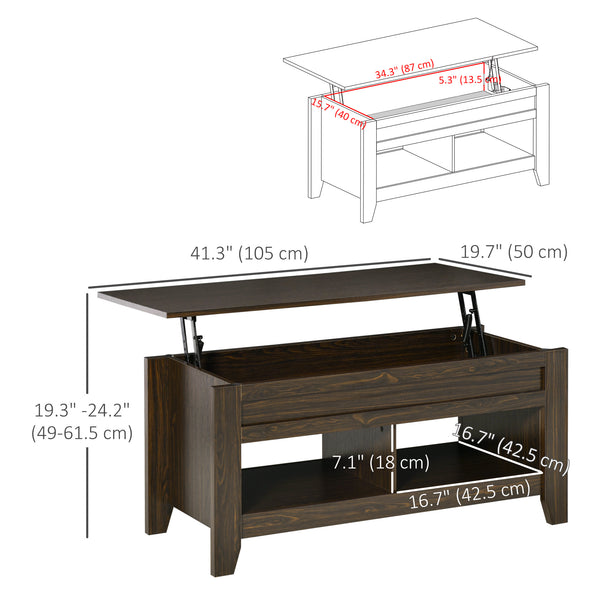 Table basse relevable avec compartiment de rangement dissimulé et étagères ouvertes, noyer foncé