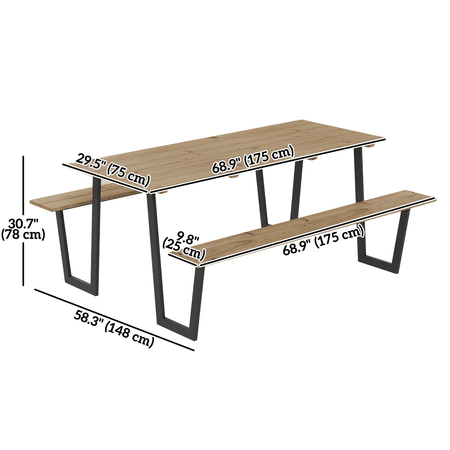 Table de pique-nique d'extérieur de 1,7 m (5,7 pi) avec trou pour parasol de 5 cm (2 po) avec cadre en acier, marron
