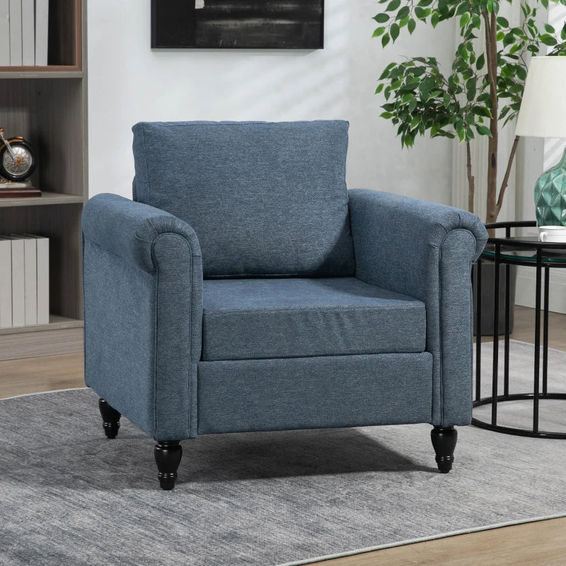 Fauteuil d’appoint rembourré bleu foncé avec accoudoirs roulés et pieds en bois d’hévéa sculptés en forme de gourde, idéal pour salon ou chambre élégante