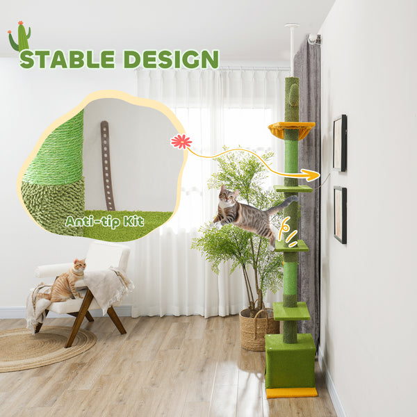 Cat tree with adjustable height from 230 to 274 cm, scratching posts, hammock, lounger and play ball, green