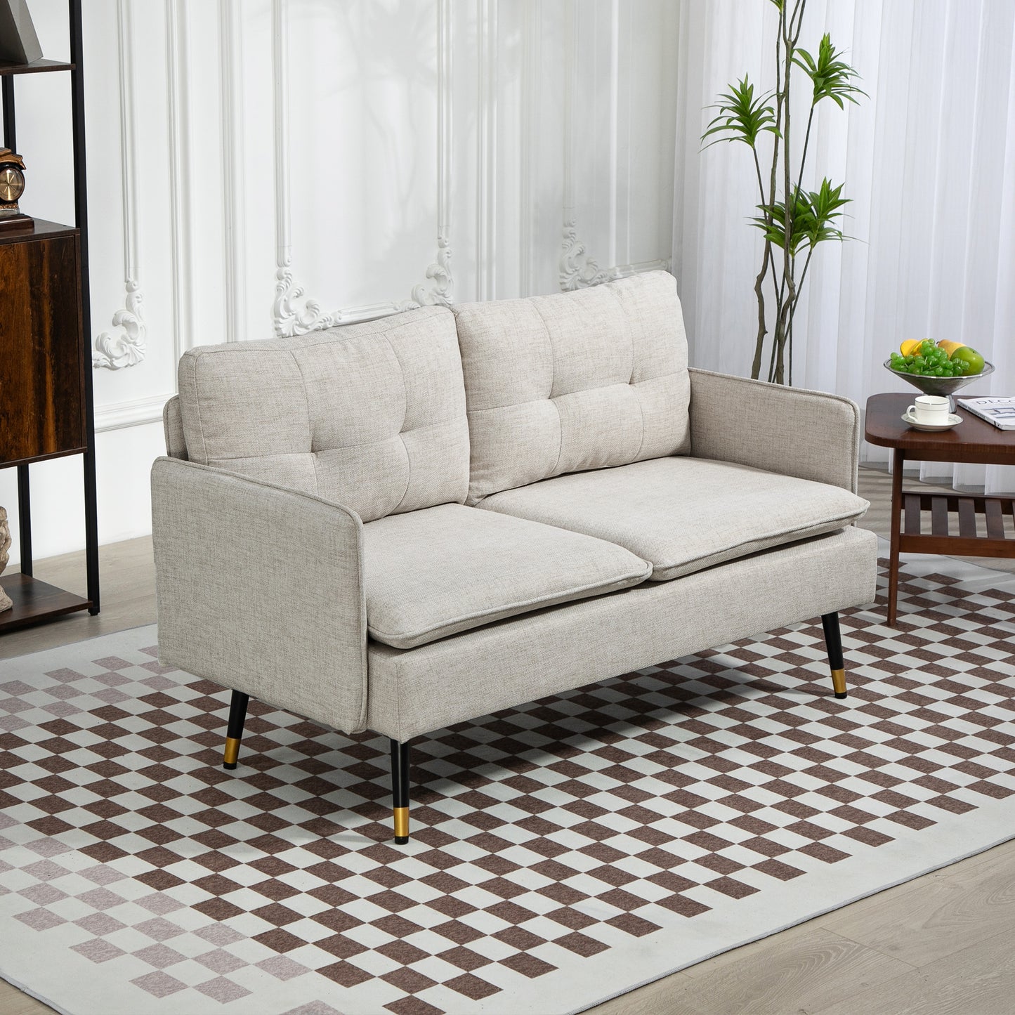 Canapé causeuse moderne 55 pouces en tissu avec dossier capitonné et pieds en acier, pour chambre à coucher et salon, blanc crème