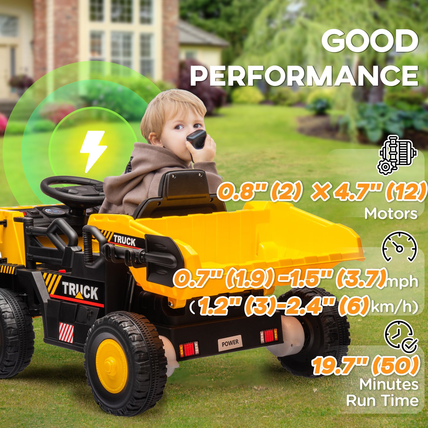 12V Dump Truck for Kids, Construction Vehicle with Electric Dump, Shovel and Spring Suspension