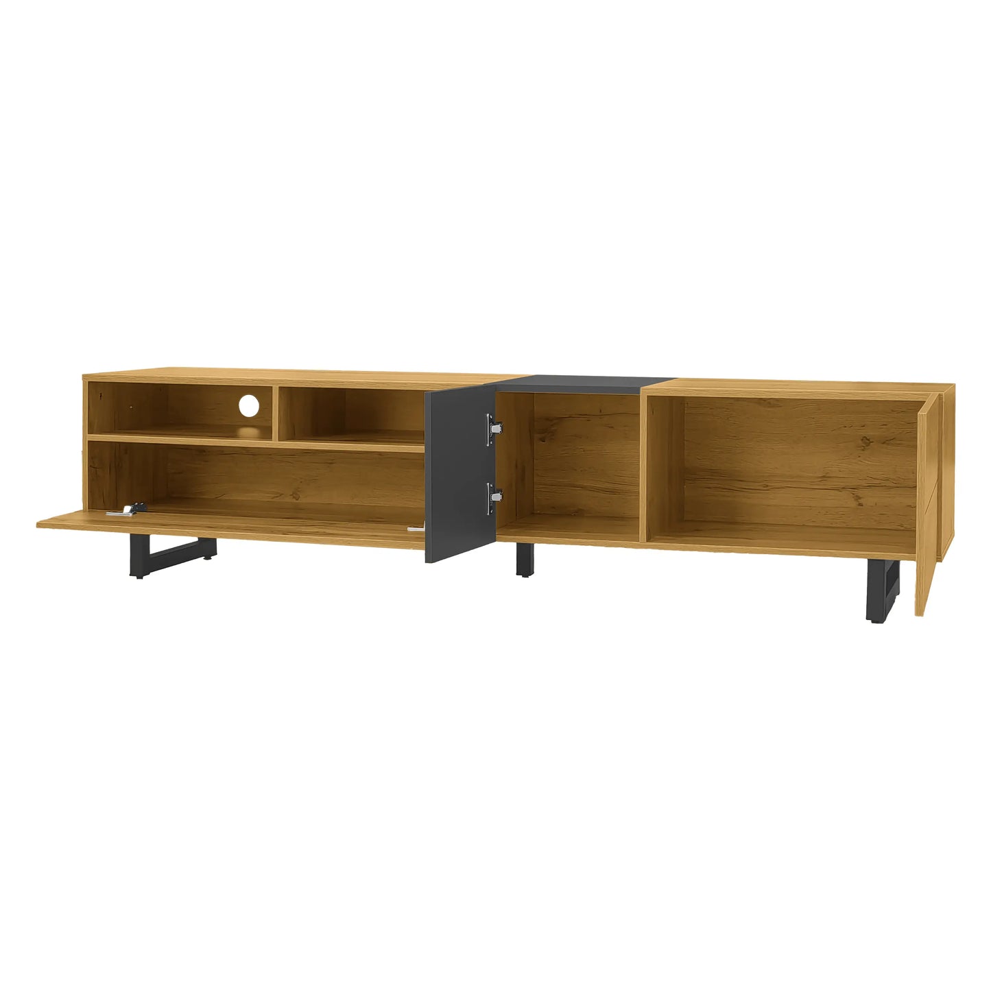 Meuble TV avec pieds en métal en U, 3 portes et 2 compartiments, assemblage facile, noir et naturel
