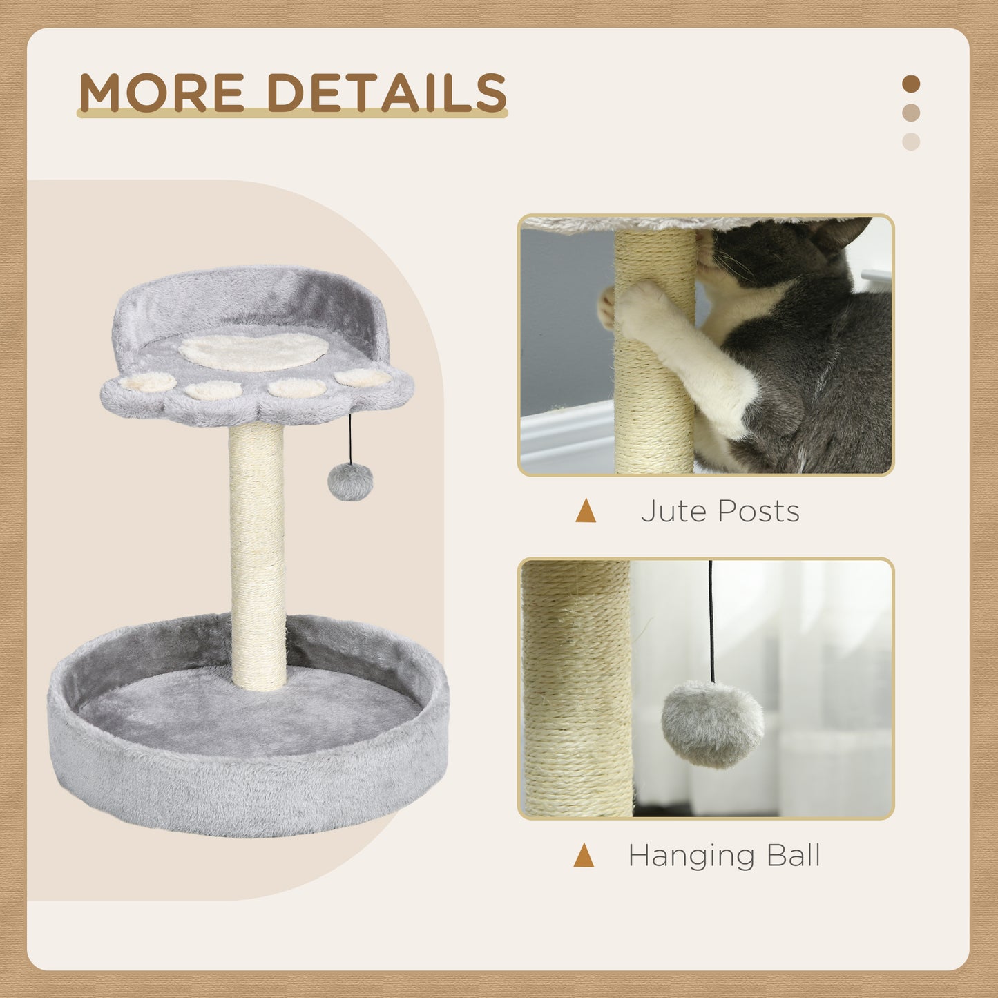 Small Cat Tree with Sisal Scratching Post, Hanging Ball, Bed, Kitten Activity Center, Light Grey