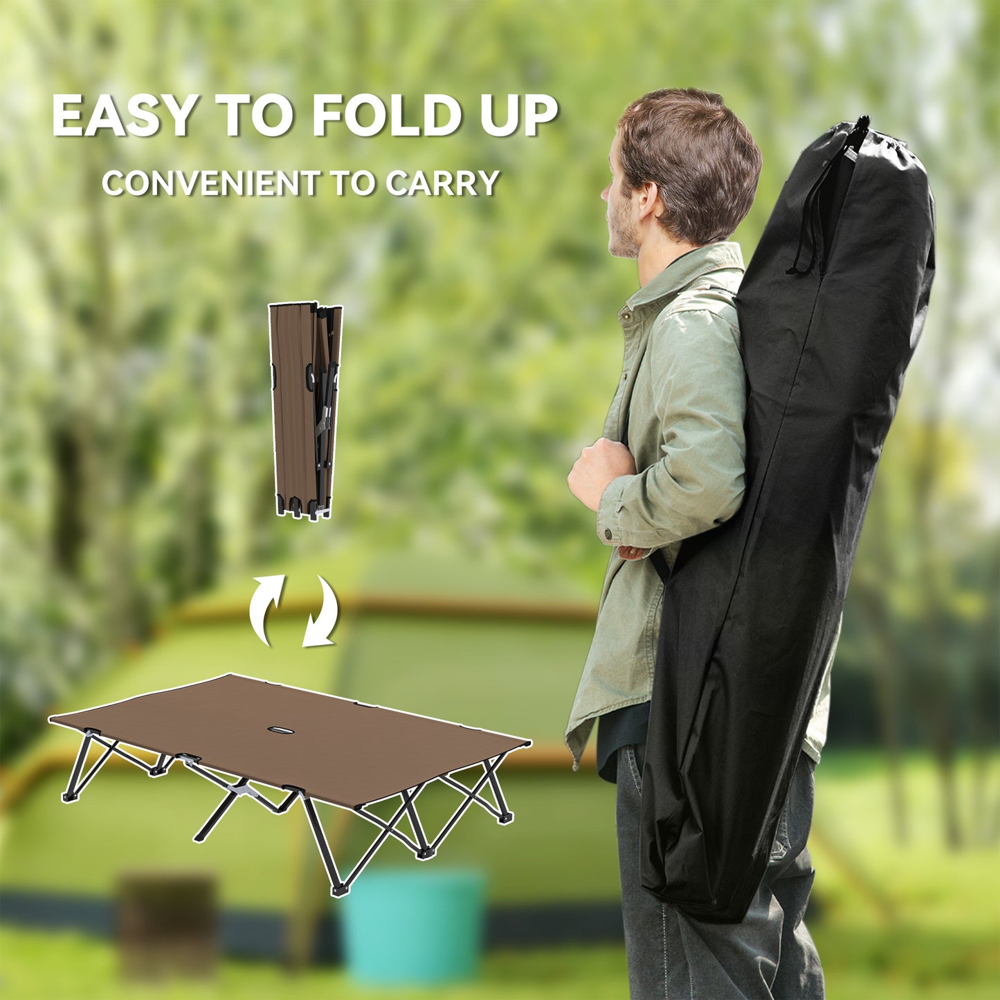 Lit de camp pliable pour deux personnes 76 pouces portable avec sac de transport, kaki