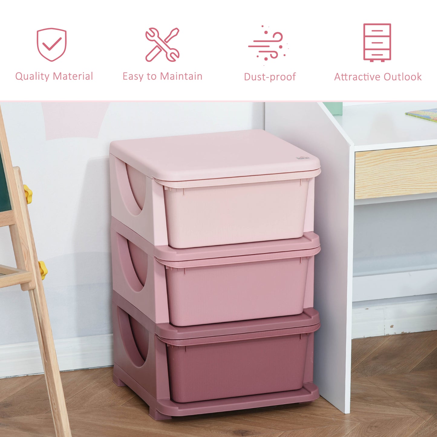 Organiseur de jouets pour enfants à 3 tiroirs en plastique, rose