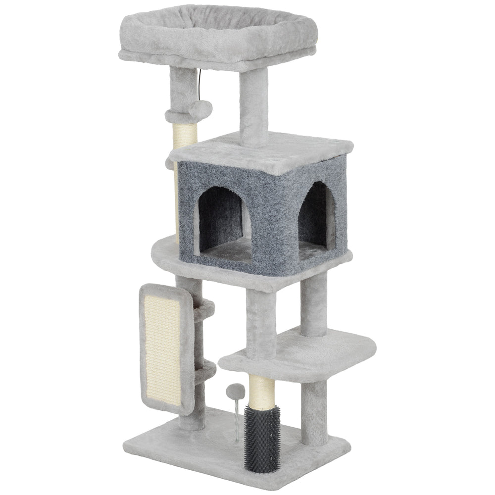 Arbre à chat de 104 cm avec griffoirs, panier, niche, brosse de toilettage