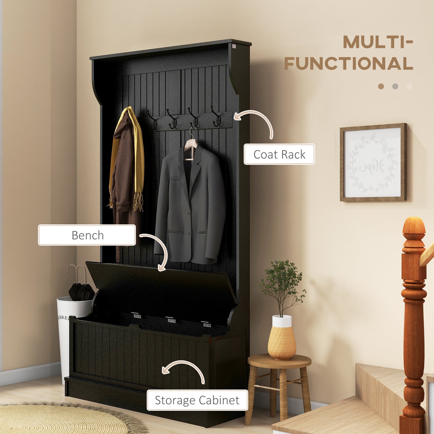 Meuble d'entrée 3 en 1 avec porte-manteau, rangement à chaussures et banquette, banc d'entrée avec 4 crochets, noir