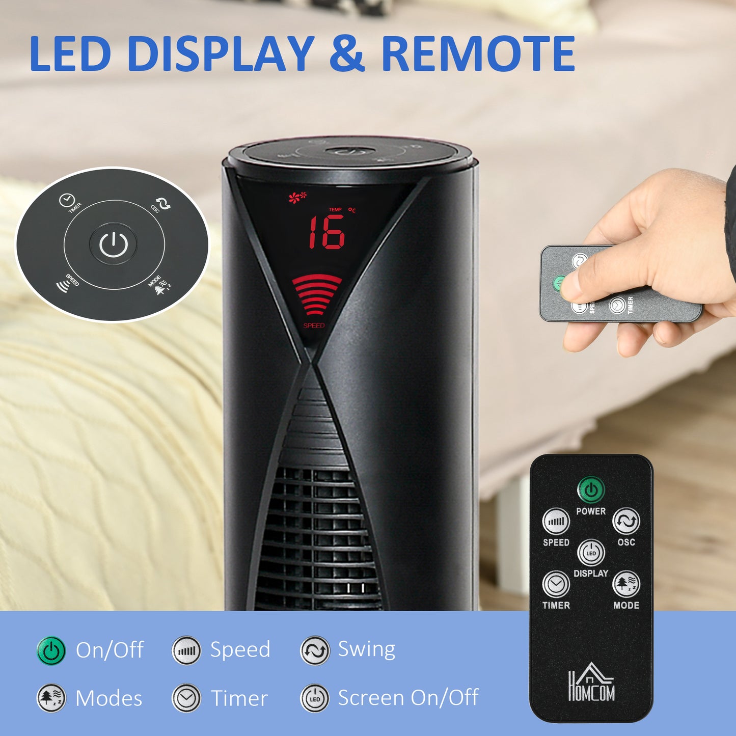 Ventilateur tour autonome avec 3 vitesses, minuterie 12 h, oscillant, panneau de capteur LED, télécommande, noir