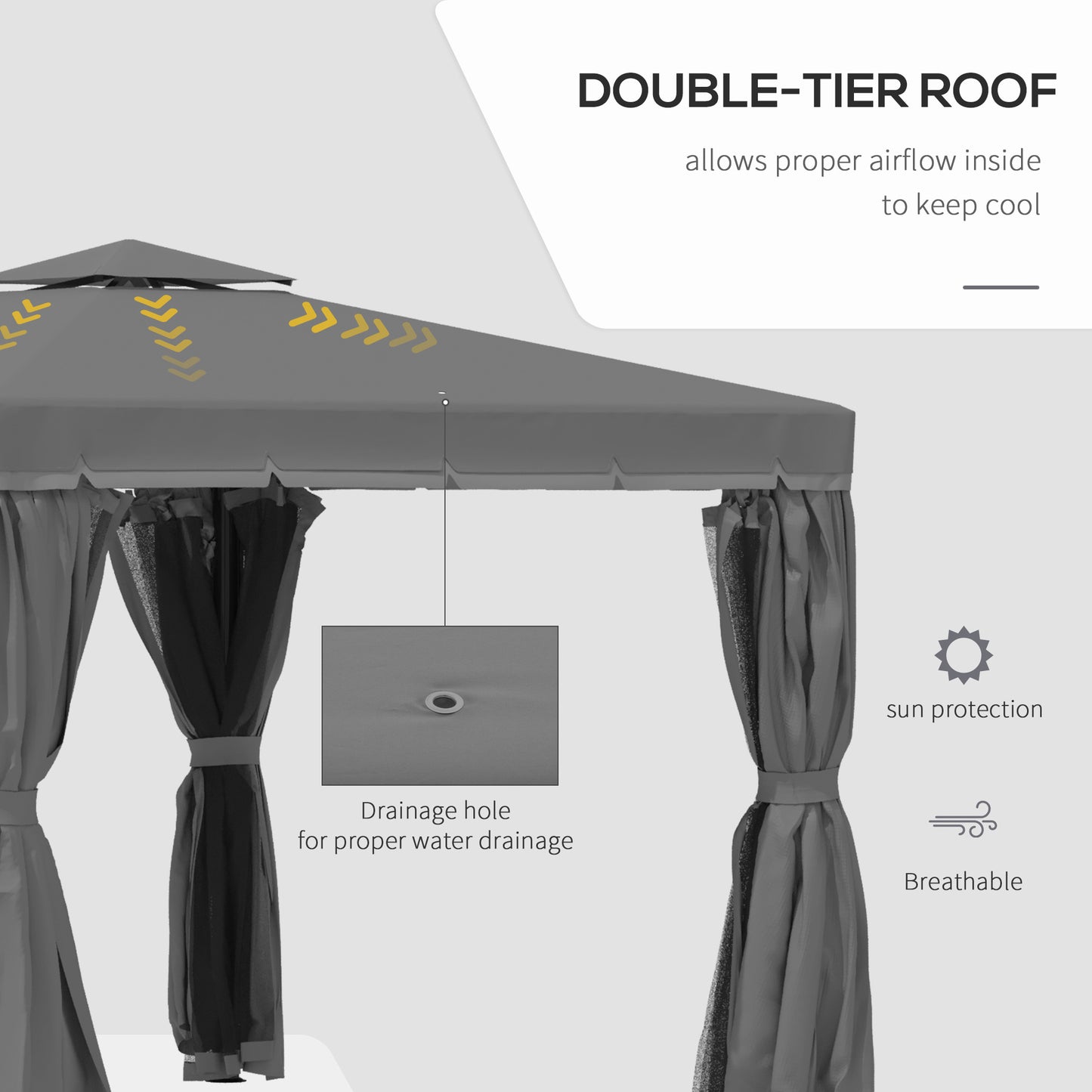 Gazebo 10' x 10' à 2 niveaux avec parois latérales en maille zippée, cadre en aluminium, gris foncé
