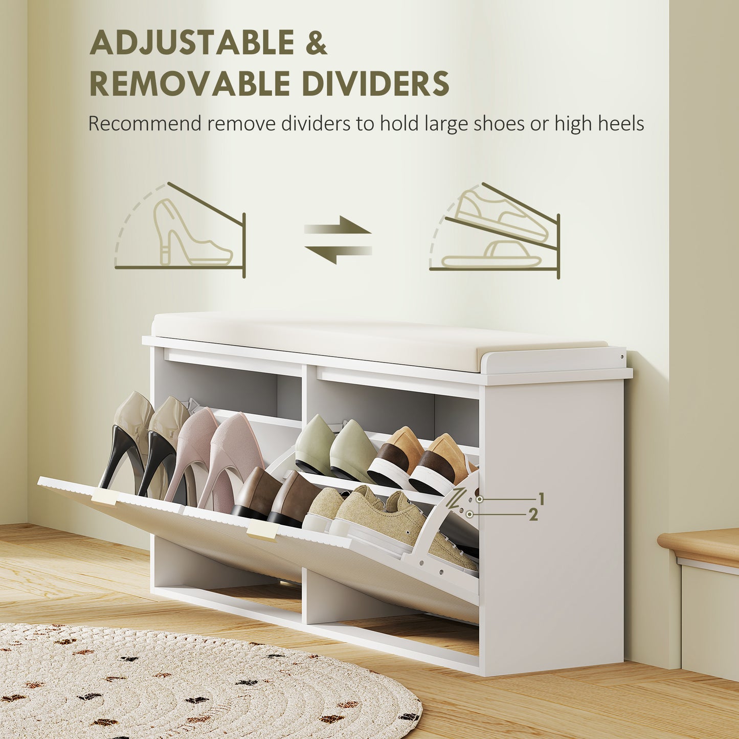 HOMCOM Hallway Bench with Upholstered Seat and Drop-Down Drawers, Load Capacity up to 240 kg, Storage for 10 Pairs of Shoes, White