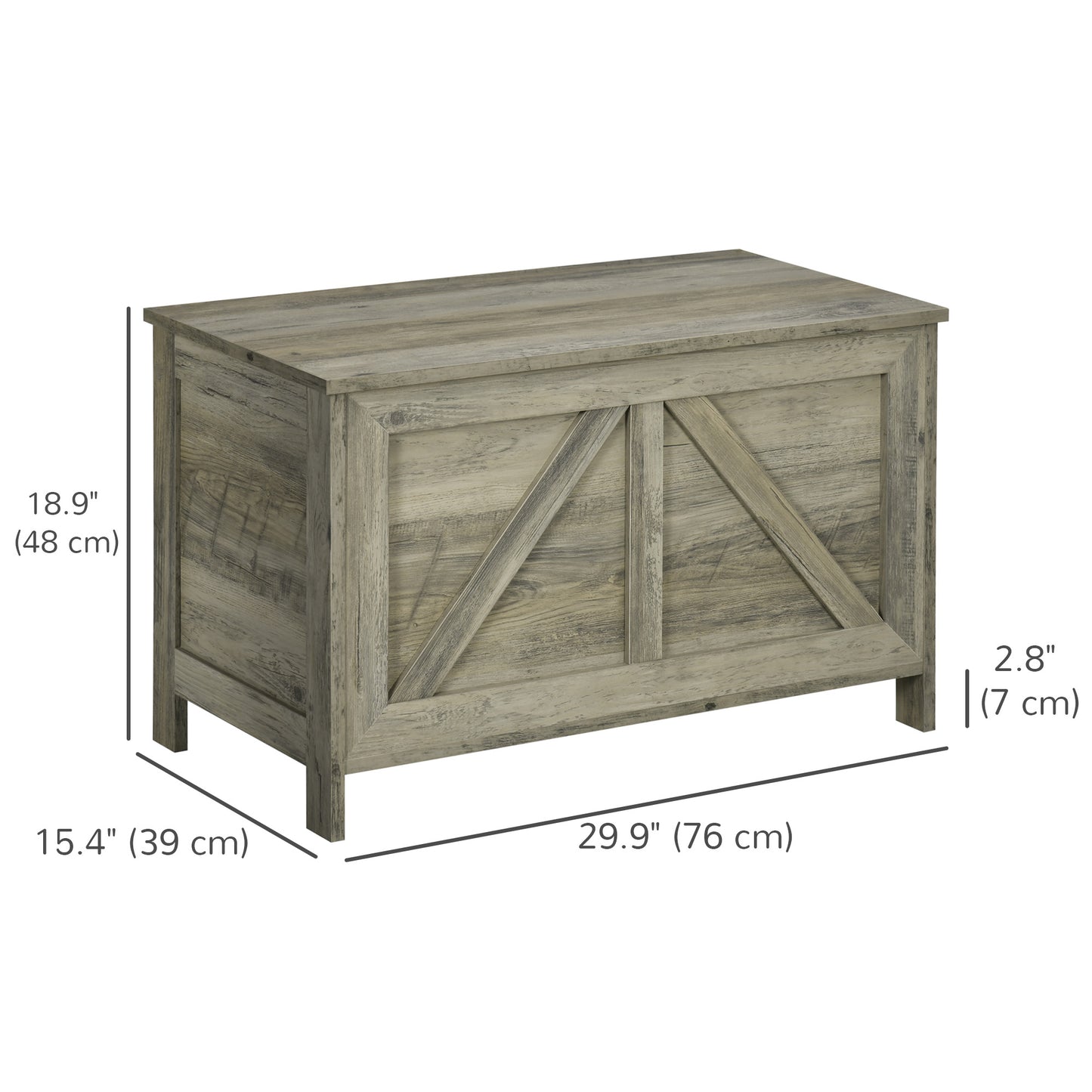 Coffre de rangement style ferme, charnière de sécurité pour ouverture à 100°, grain de bois gris