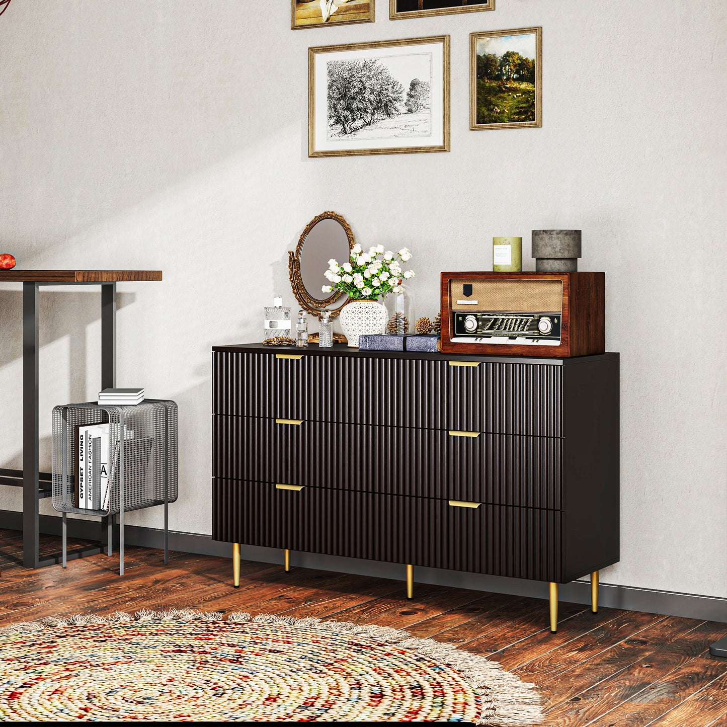Modern 6 Drawer Bedroom Dresser with Gold Legs and Handles, Black
