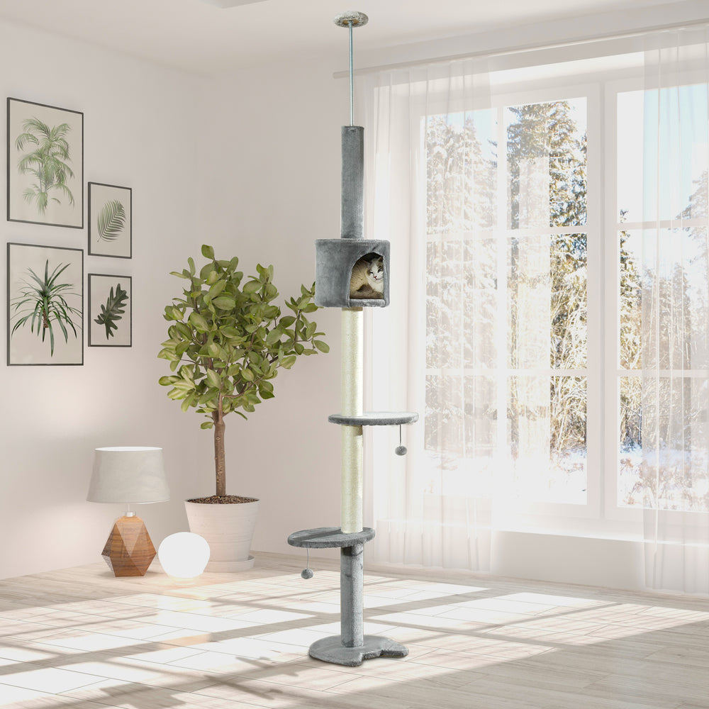 PawHut 4-Level Cat Tree, Ceiling Height, High Tower with Scratching Post, Soft Padding, Play Ball, Indoor Cat House, Light Grey