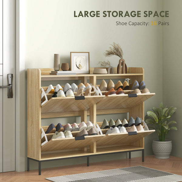 Meuble à chaussures moderne et fin avec 4 tiroirs rabattables, 16 paires de chaussures, chêne