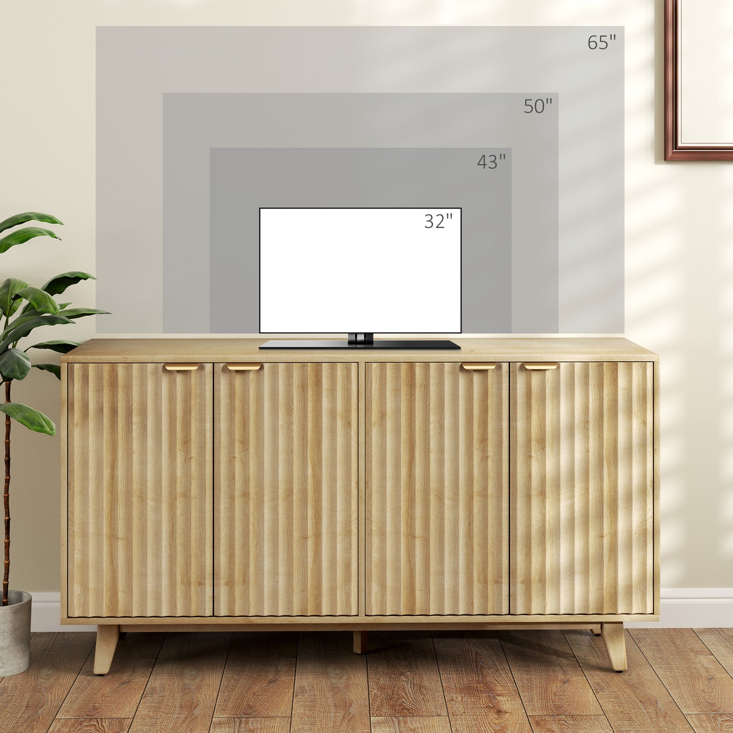 HOMCOM fluted sideboard, 140 cm bar cabinet, 4 doors, 2 adjustable shelves, 5 wooden legs, natural wood