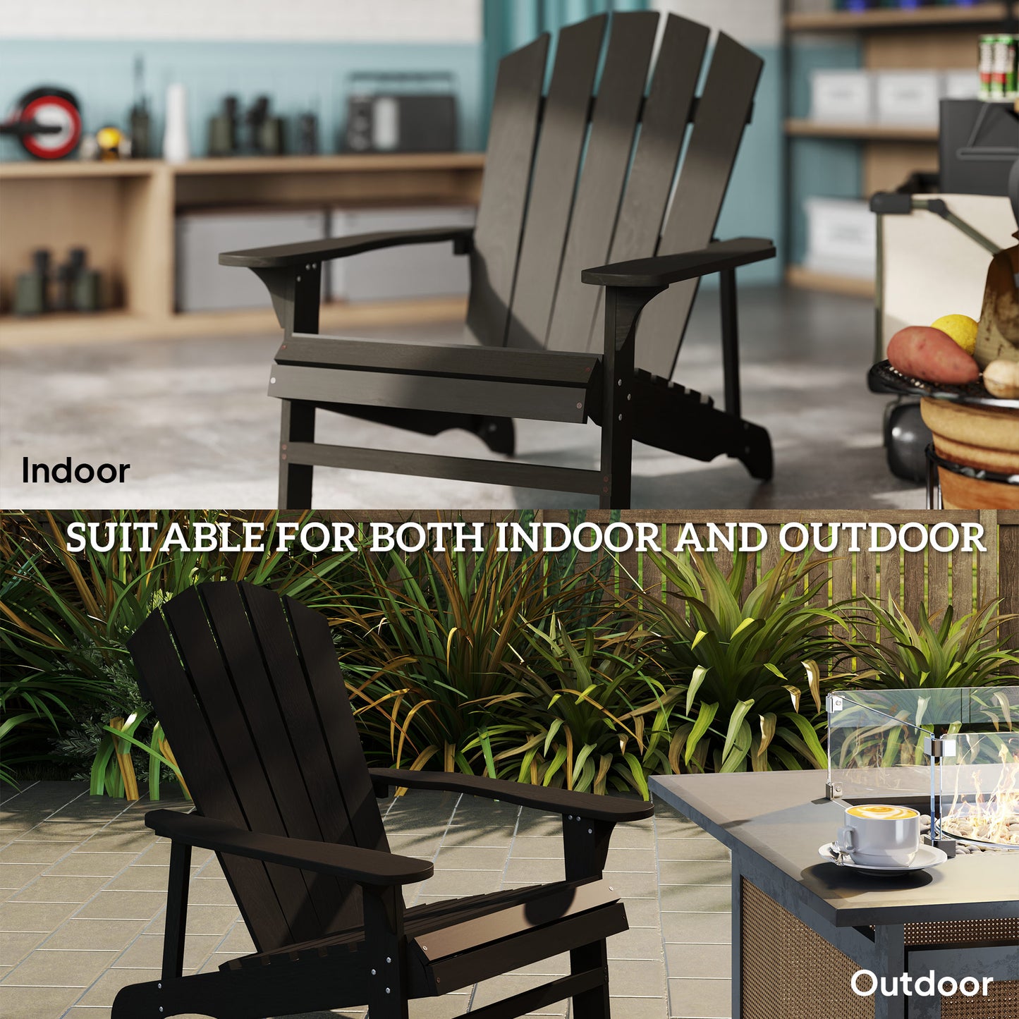 Chaise Adirondack en bois à lattes pour terrasse, jardin, arrière-cour, foyer, noire