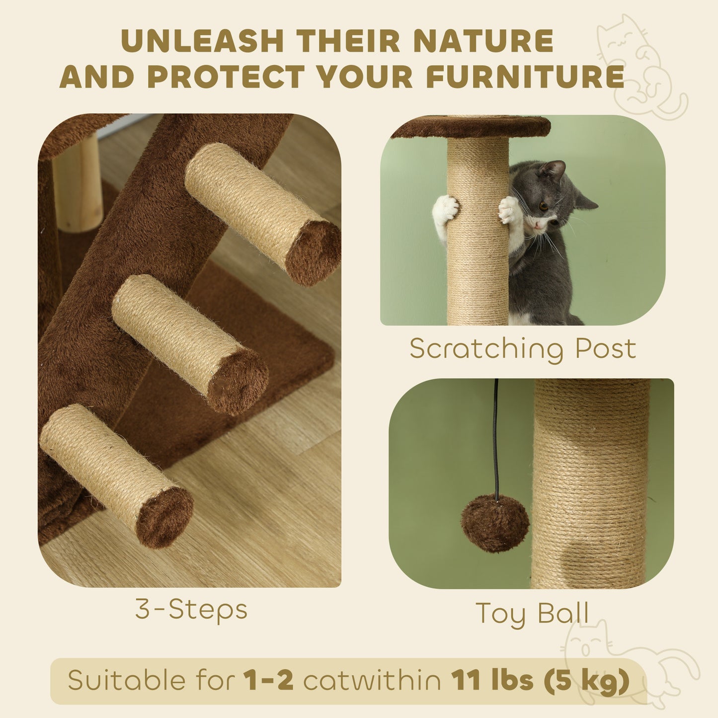 226-264 cm (89-104 in) Cat Tree with Scratching Post, Cat House, 3 Steps, Hanging Ball, Brown