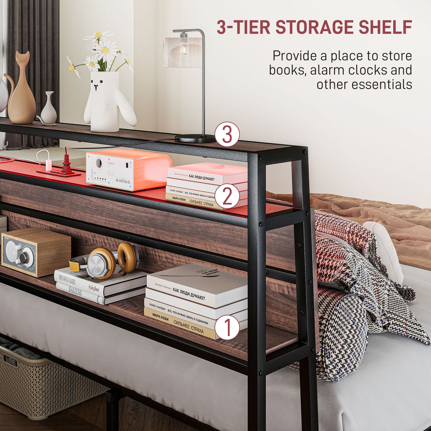 Cadre de lit Queen Size avec éclairage LED et station de charge, noyer