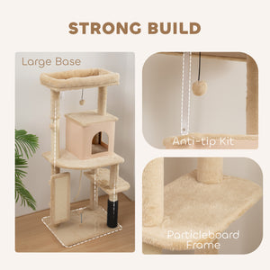 Arbre à chat de 132 cm avec griffoirs, panier, niche et brosse de toilettage, beige