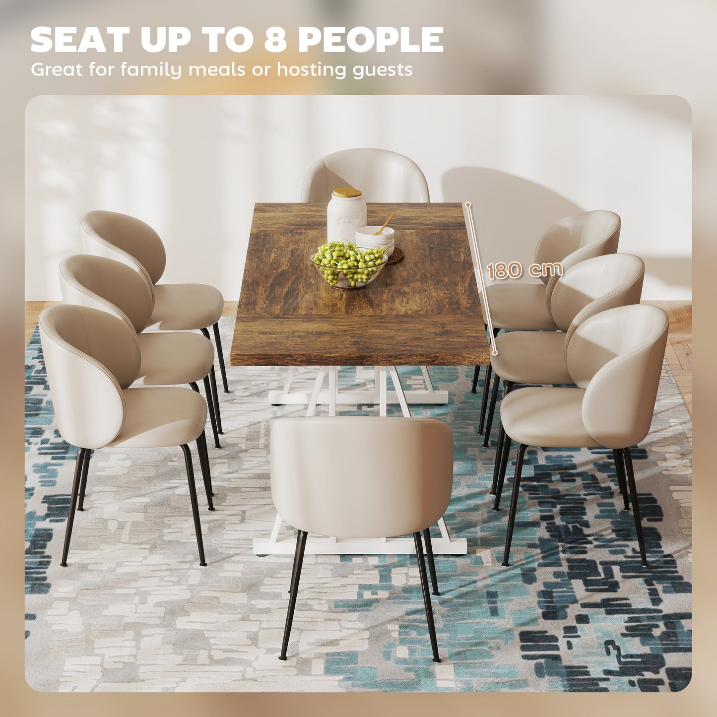 Table de cuisine style Farmhouse pour 8 personnes, rectangulaire avec plateau épais et pieds en tréteaux en acier, marron et blanc