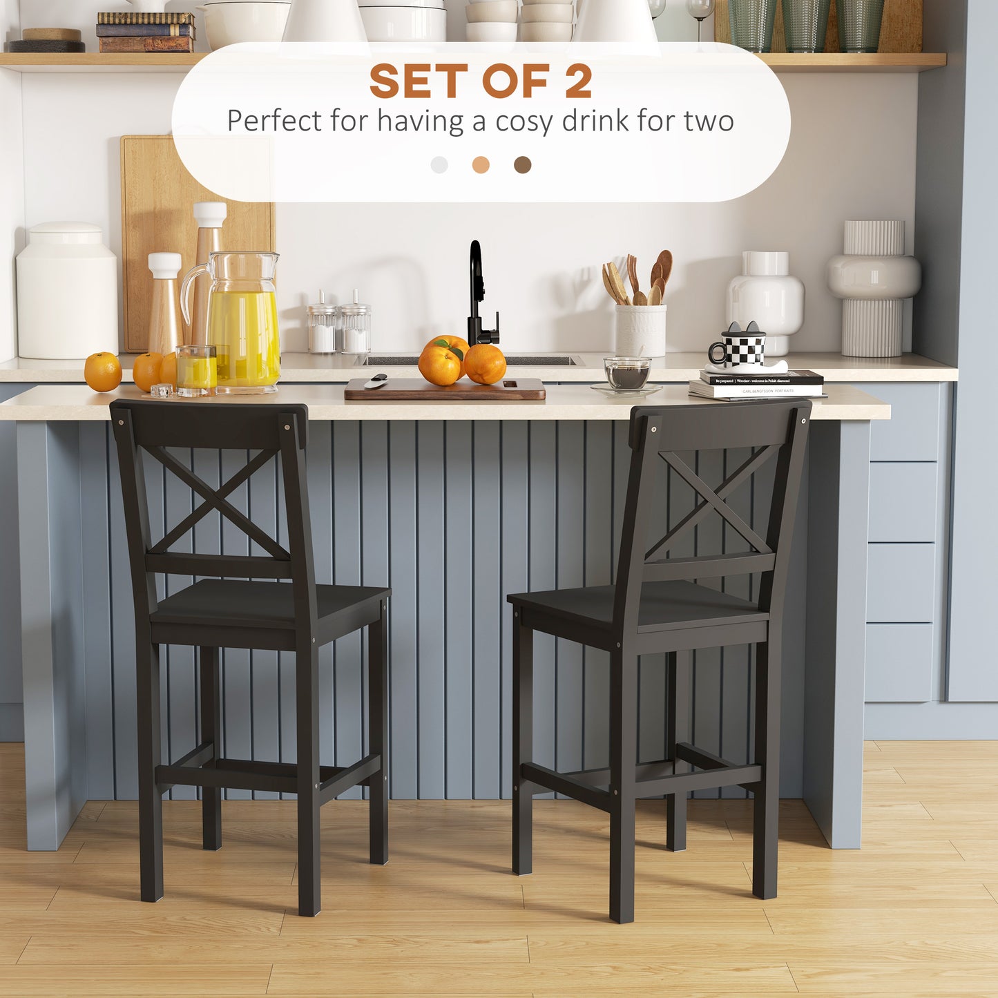 Lot de 2 tabourets de bar, style campagnard, avec dossier, en bois massif pour îlot de cuisine, Noir