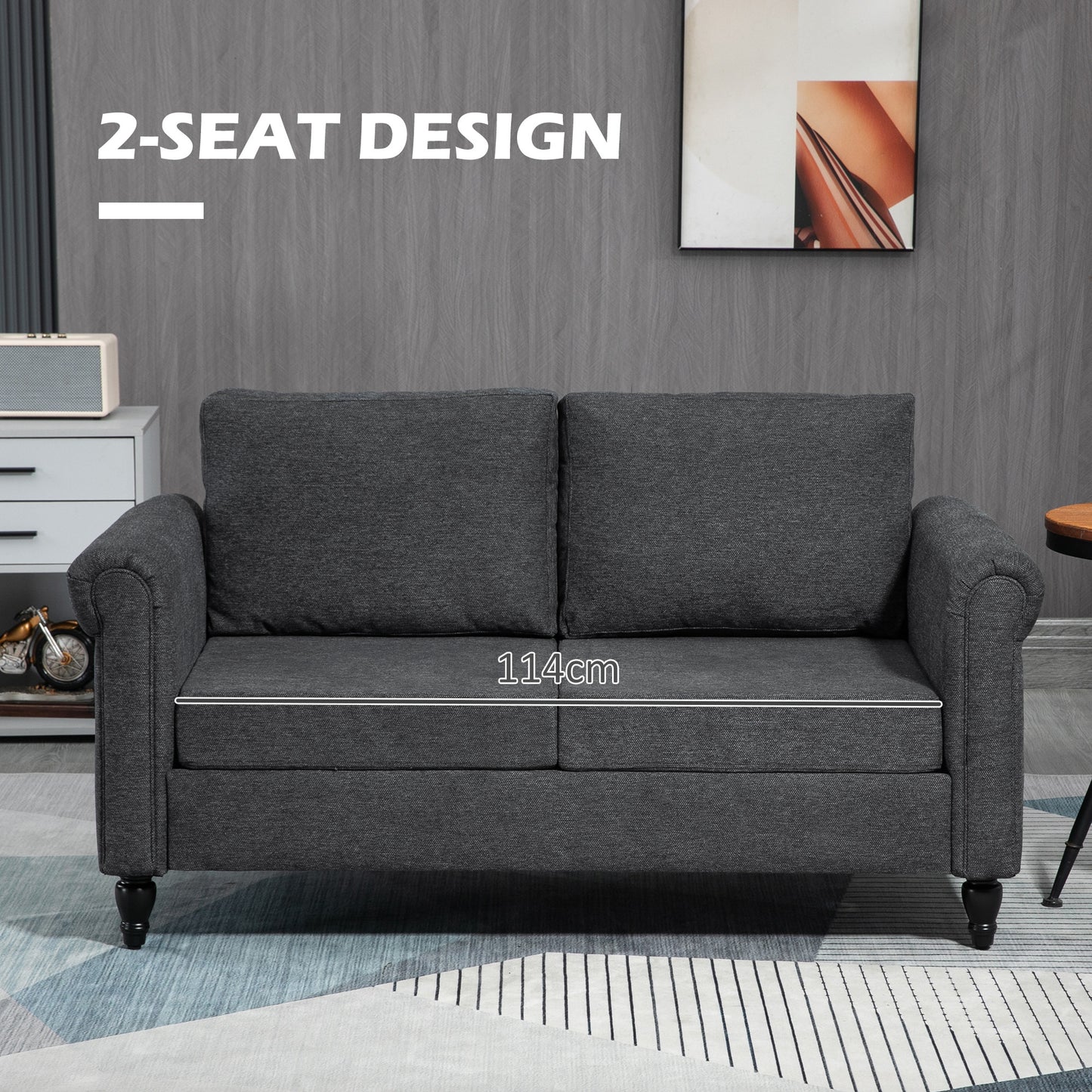 Vintage 2-seater upholstered sofa, chenille fabric, rolled armrests, rubberwood legs, dark grey