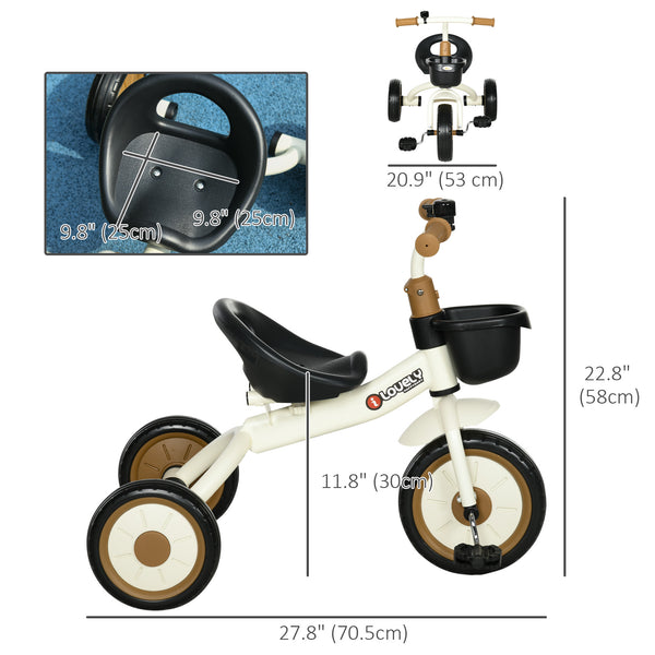 Tricycle avec siège réglable, panier, sonnette, blanc