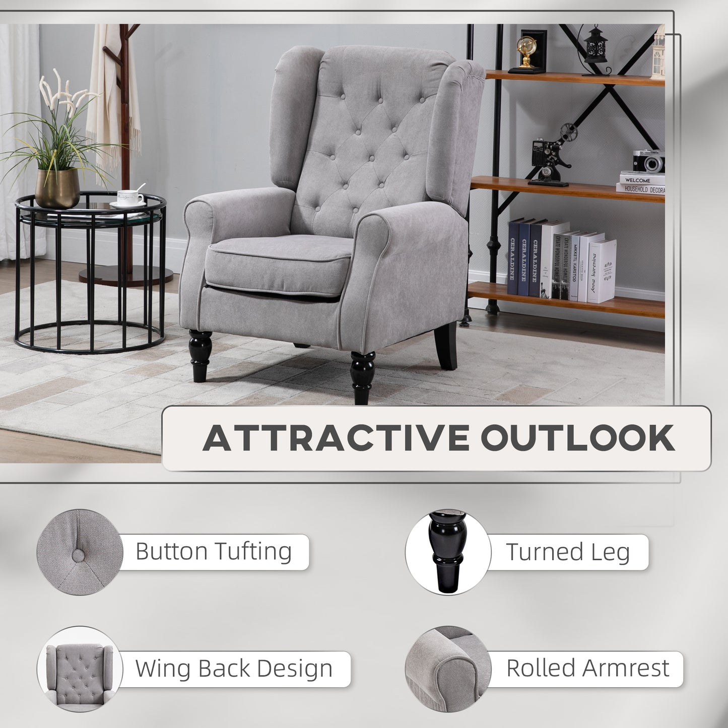 Modern fabric upholstered accent chair with wooden legs and rolled arms, gray