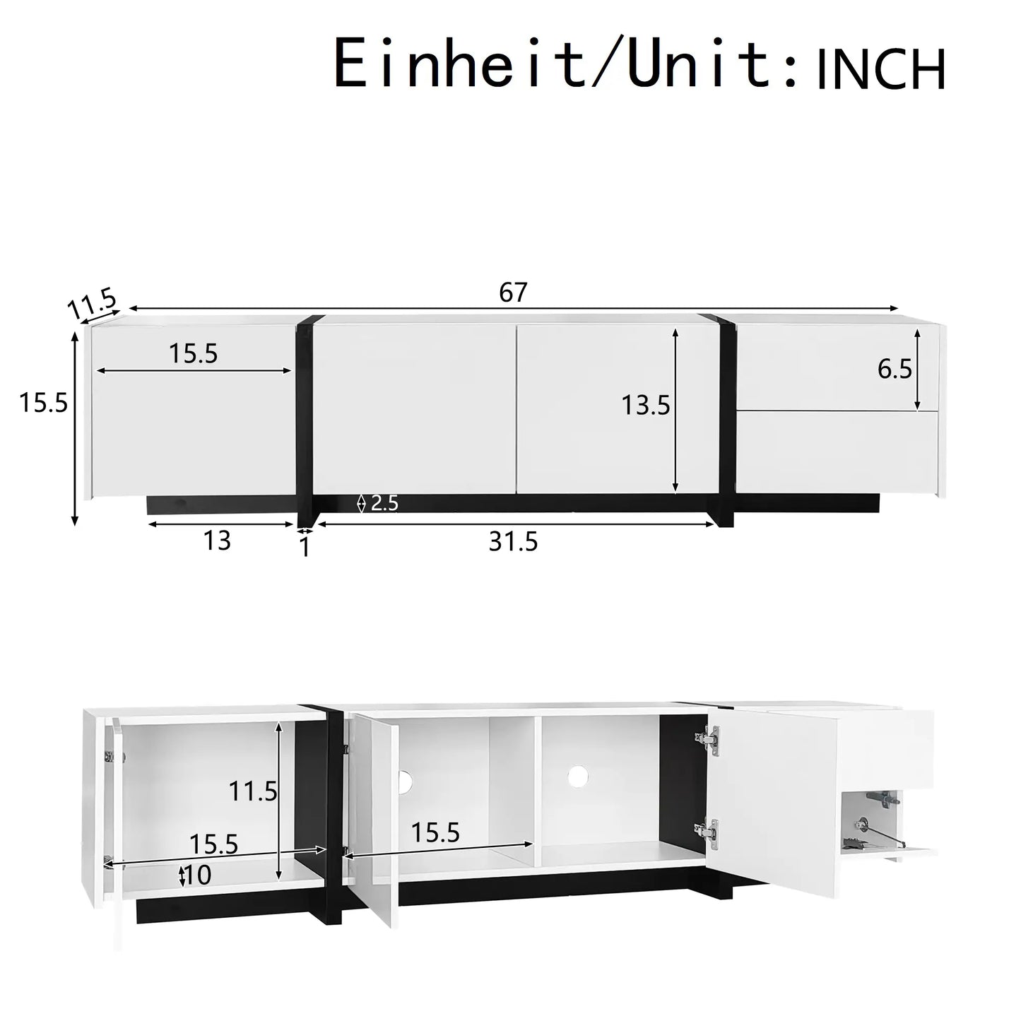 Meuble TV moderne avec finition brillante, grand espace de rangement avec tiroirs et armoires, blanc