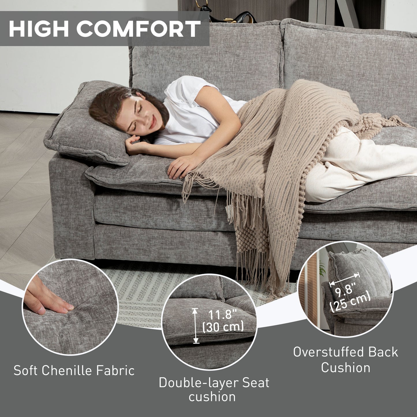 Chenille L-shaped sofa with double-layer seat cushion for living room, gray