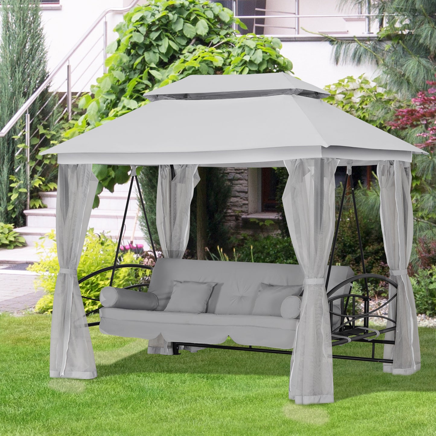 Outsunny 3-Seater Outdoor Daybed, 3-in-1 Canopy, Swing, Garden Hammock with Mosquito Net and Sun Shade, Grey