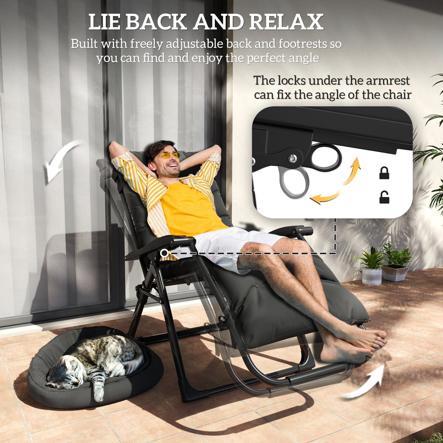 Outsunny Set of 2 Folding Garden Chairs, Zero Gravity Reclining, Sun Lounger with Cushion and Headrest, Black