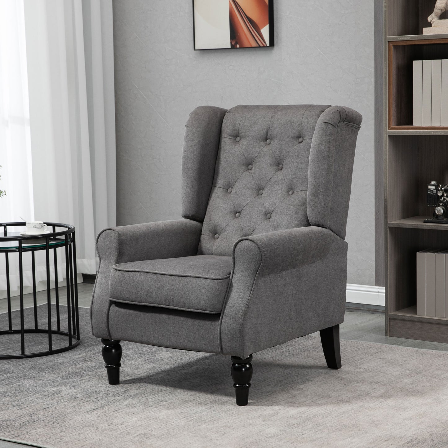 Fauteuil d'appoint en tissu capitonné, pieds en bois, gris anthracite