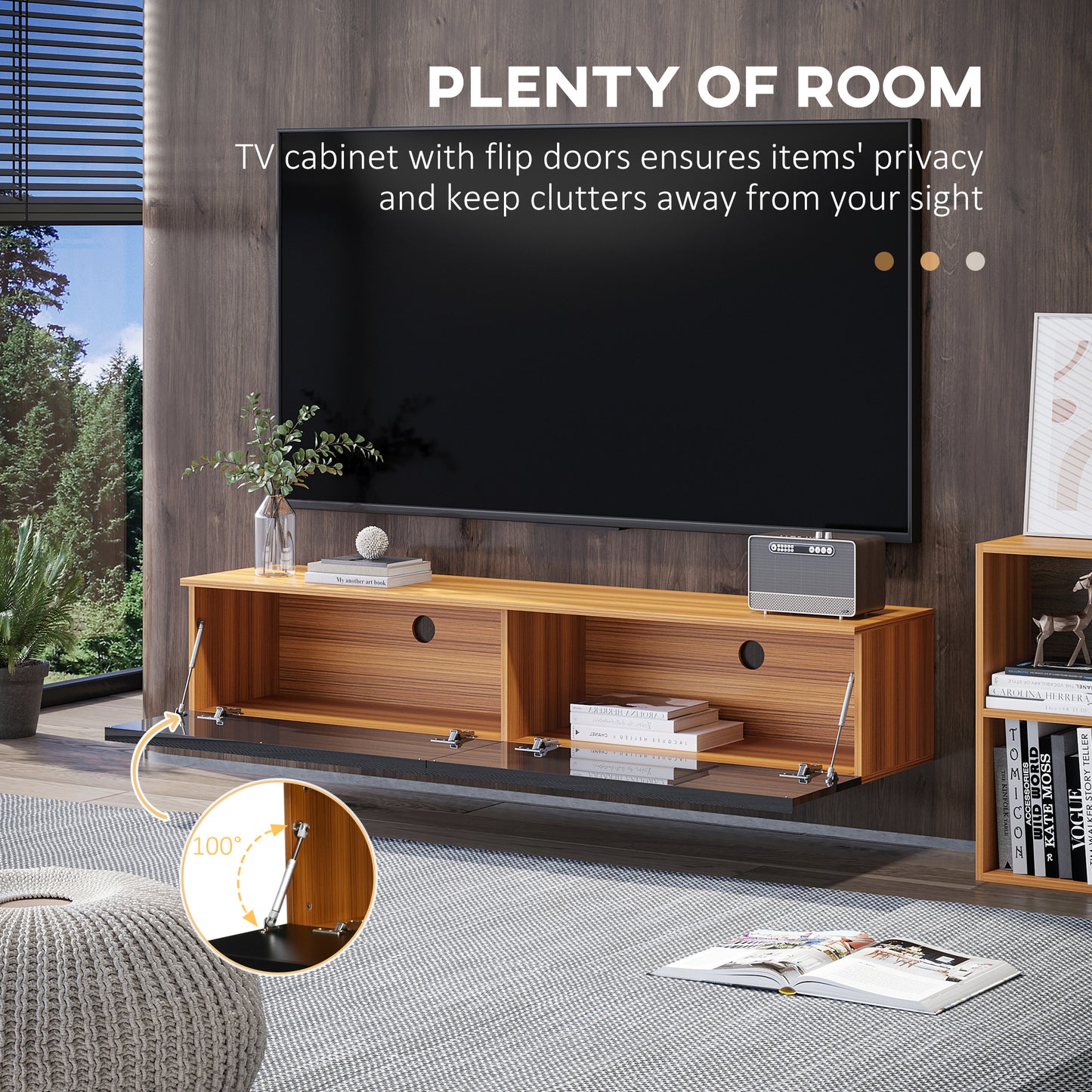 Meuble TV flottant pour téléviseurs jusqu'à 70 pouces avec rangement, effet brillant, marron et noir
