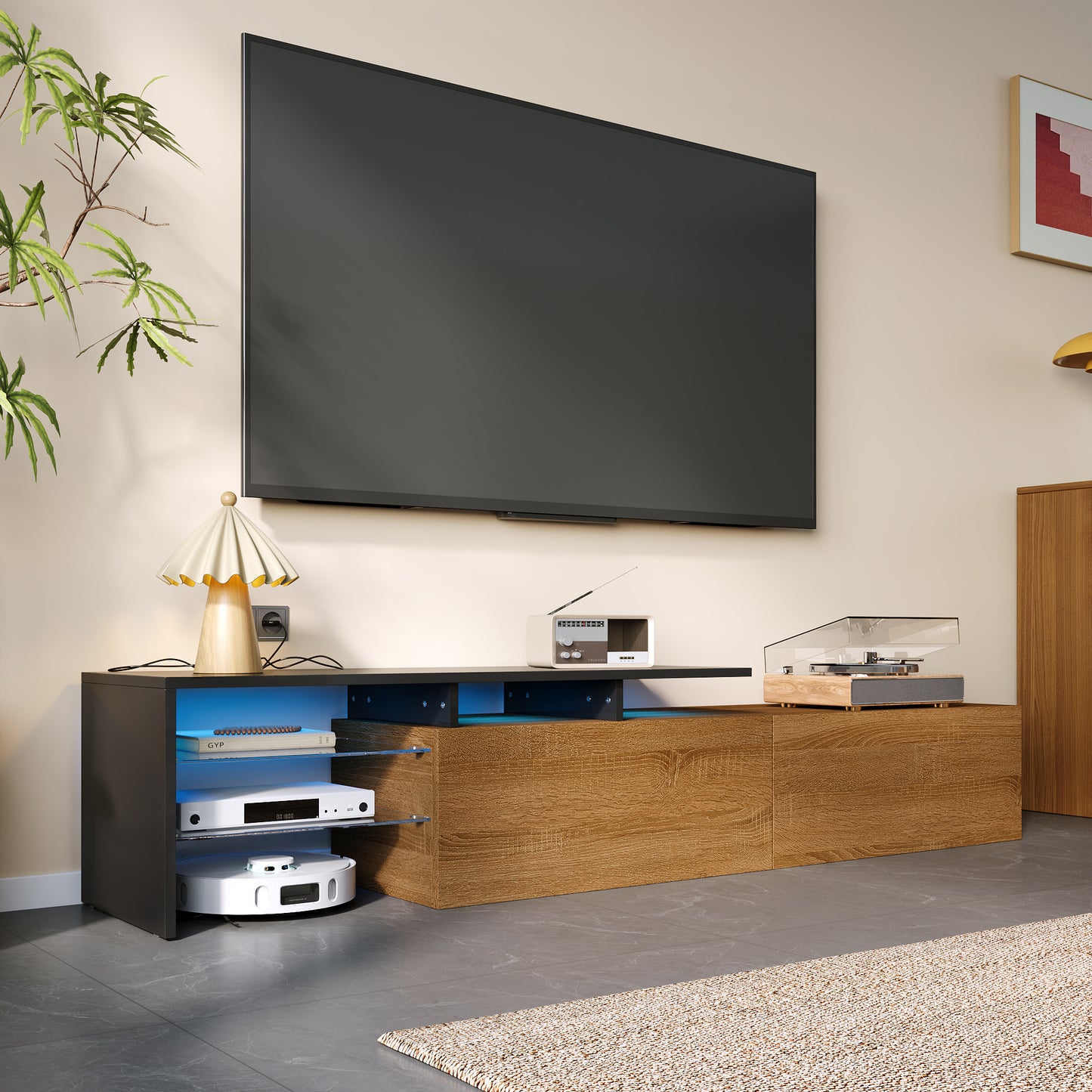 Meuble TV moderne avec étagères en verre et éclairage LED, noir et naturel