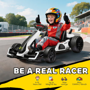 24V Electric Go-Kart with Adjustable Seat, Seat Belt, Horn, White