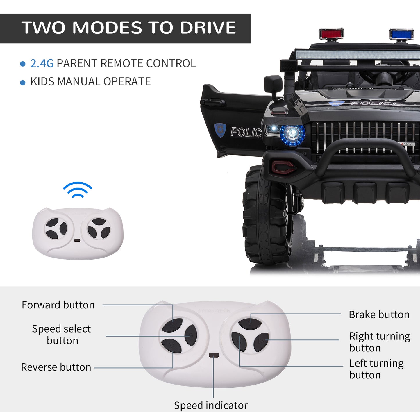 12V 2-Seater Police Car for Kids Ages 3-8 with Parental Remote Control, LED Lights, MP3 Player, Black