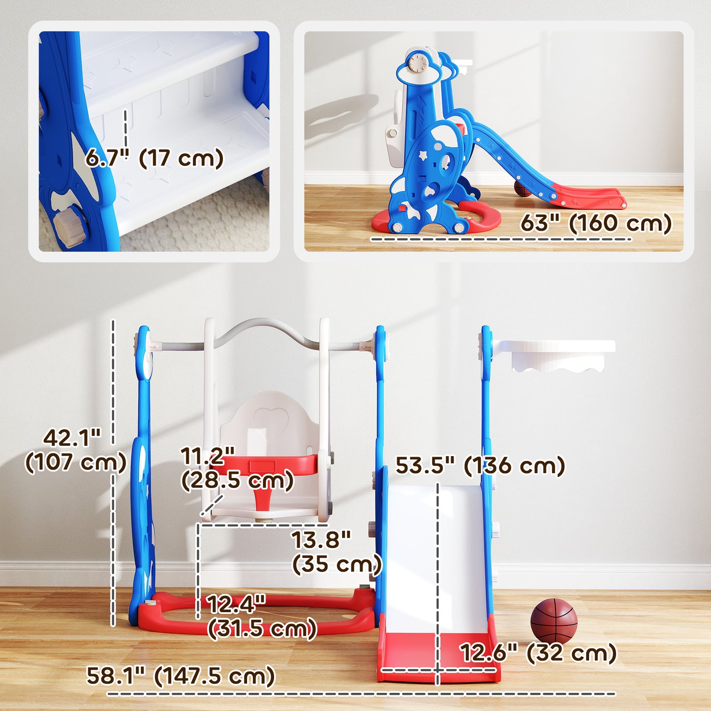 4-in-1 Slide and Swing Set with Basketball Hoop and Climber, for Boys and Girls Ages 1.5-4, Rocket Theme, Dark Blue