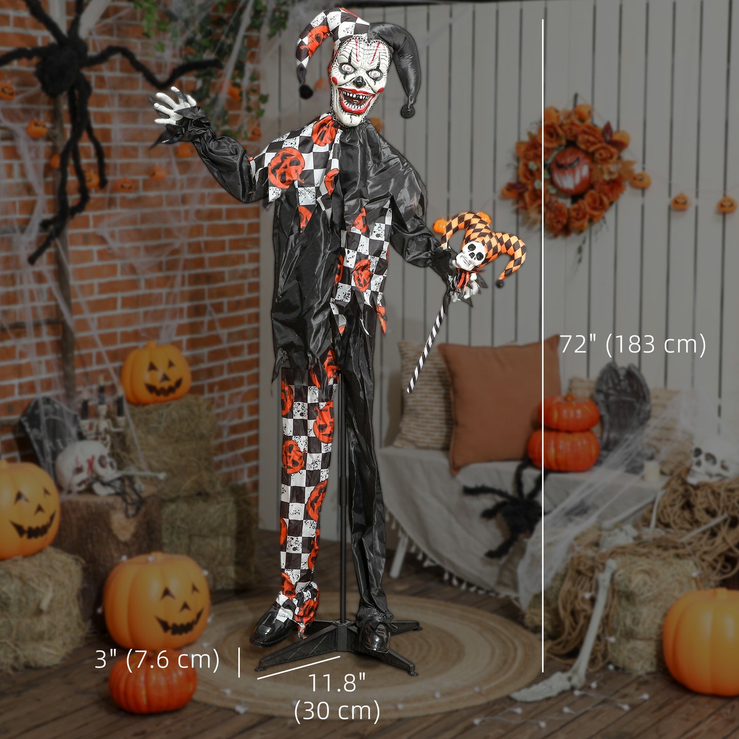 Clown animé grandeur nature, yeux rouges lumineux, décorations d'Halloween effrayantes activées par le son