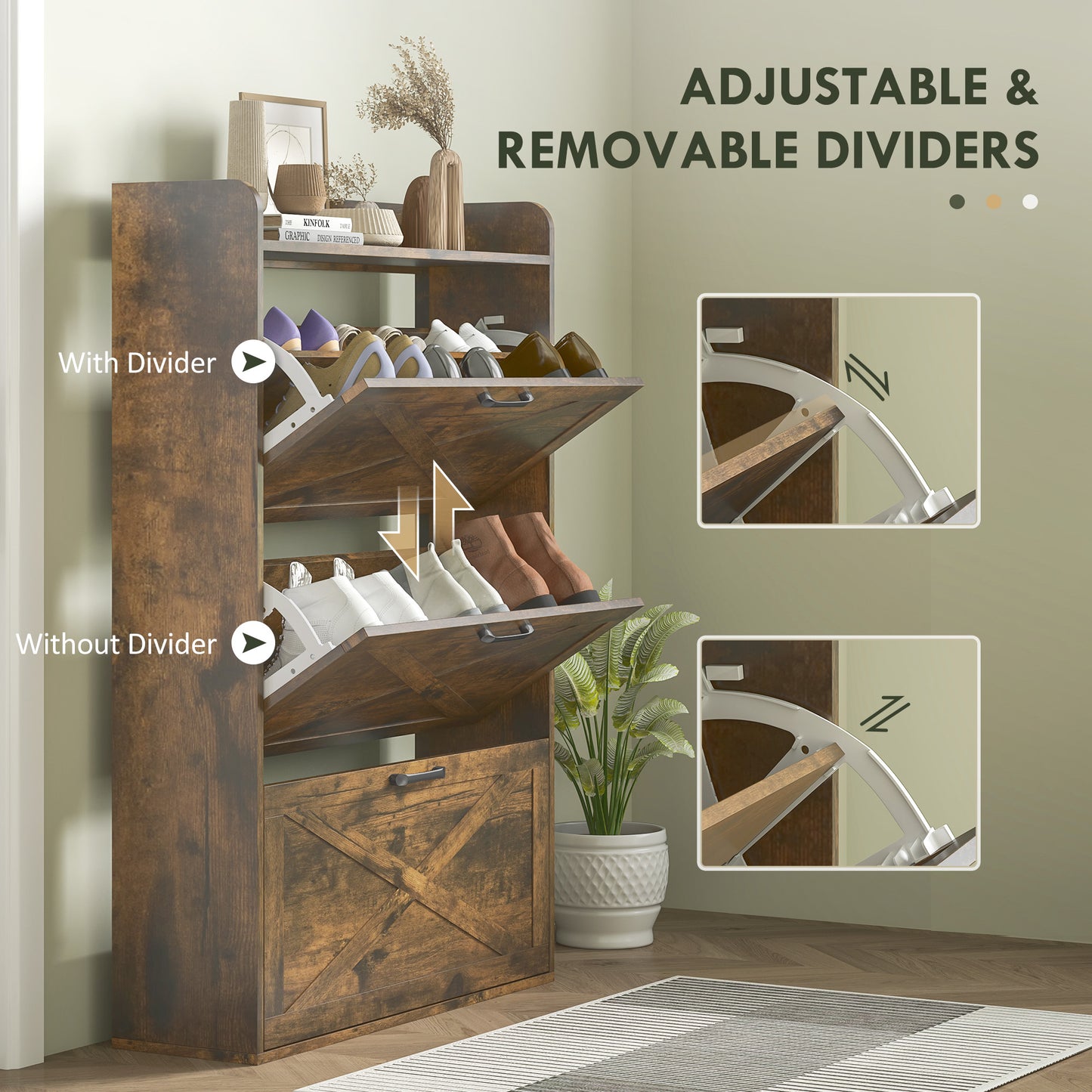 Meuble de rangement à chaussures étroit HOMCOM, style ferme, avec 3 tiroirs rabattables et étagères réglables, pour entrée, marron rustique