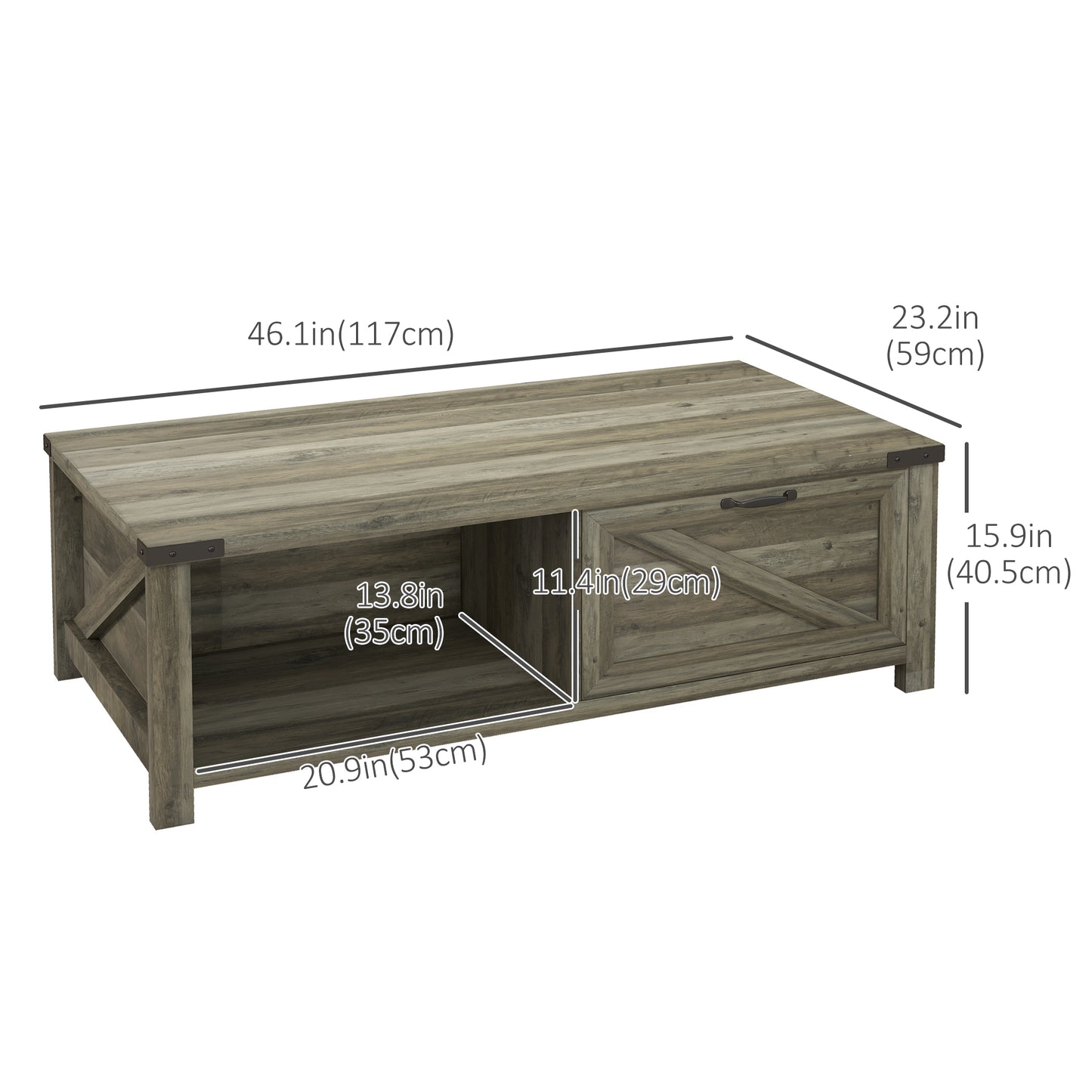 Table basse rustique avec tiroir et étagère de rangement, gris